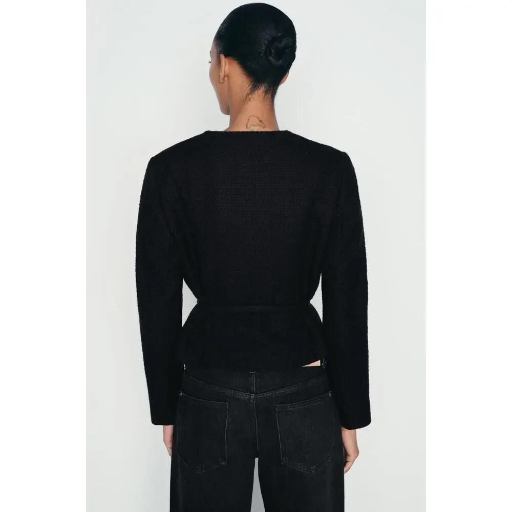 Zara Structured Blazer Lady Jacket Small Black Belted Gold Buttons Preppy Trendy - Picture 5 of 16